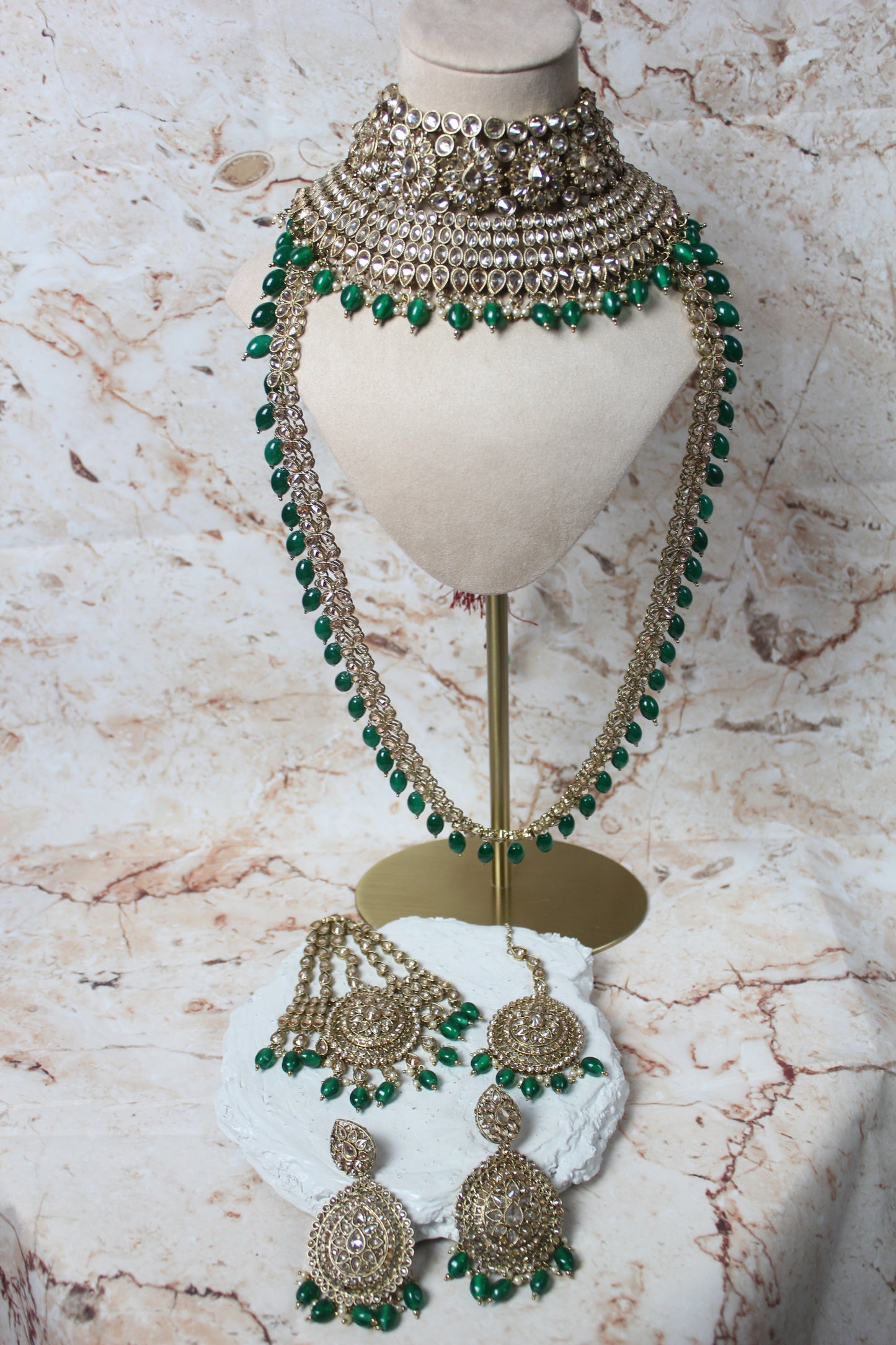 Anushka Polki Bridal Set in Green - Floral Mala