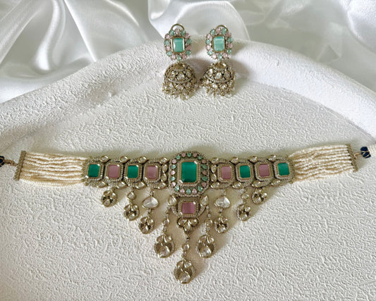 Rajshree Necklace Set – Pastel Green & Pink