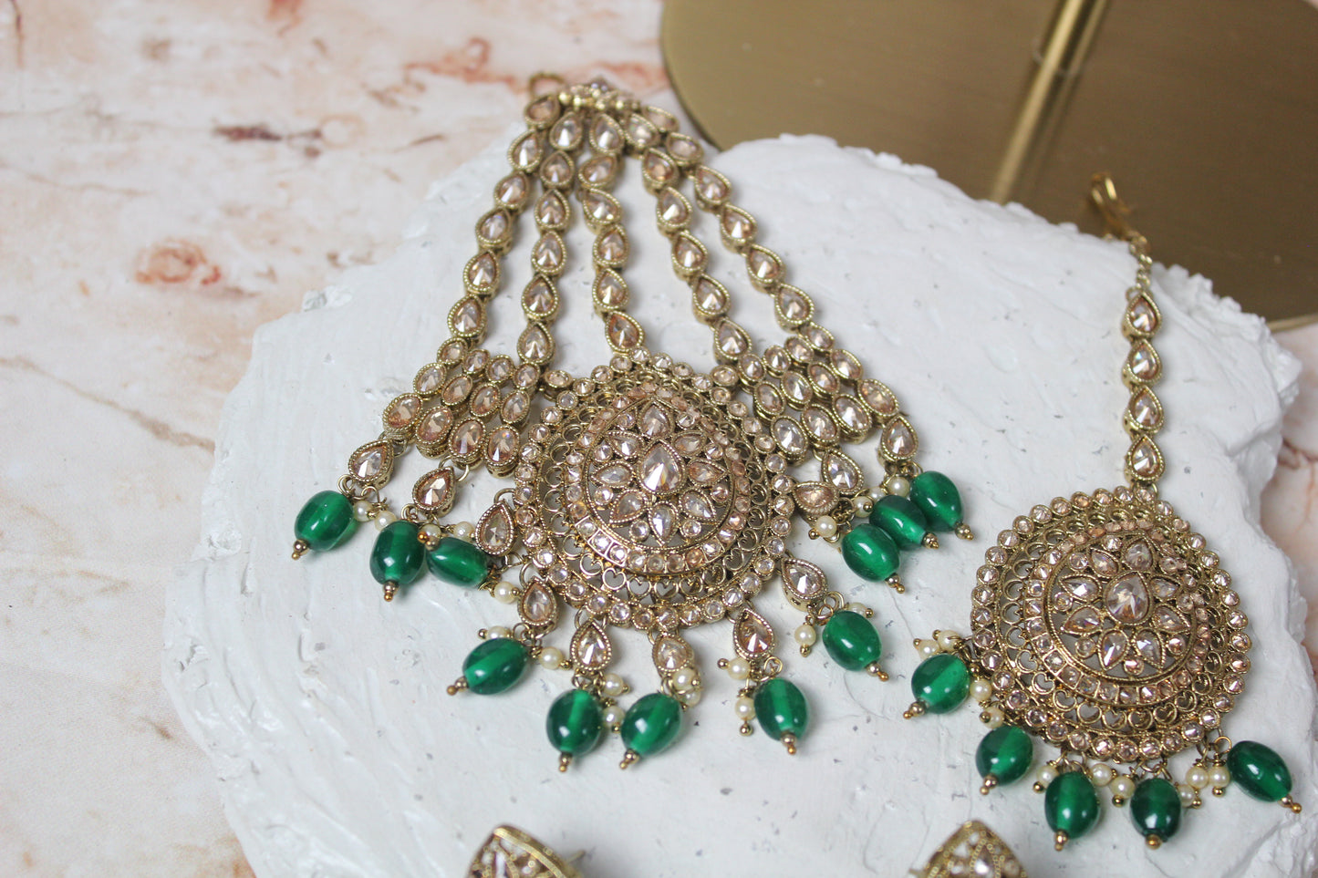 Anushka Polki Bridal Set in Green - Floral Mala