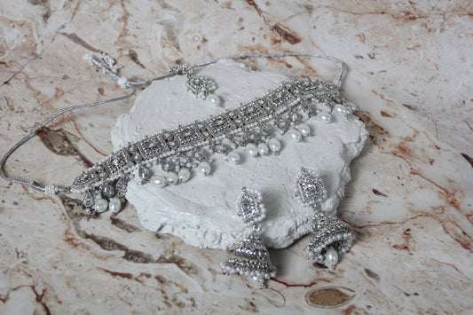 Rekha Necklace Set in Silver and White